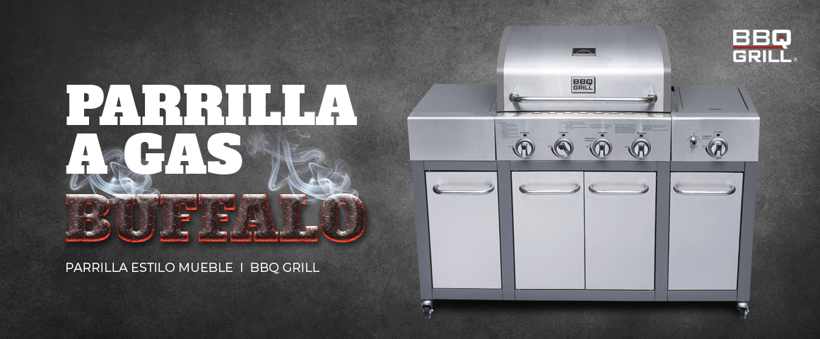 BBQ GRILL BUFFALO parrilla 4 quemadores + quemador lateral QUINCHO LISTO, + FUNDA INCLUIDA