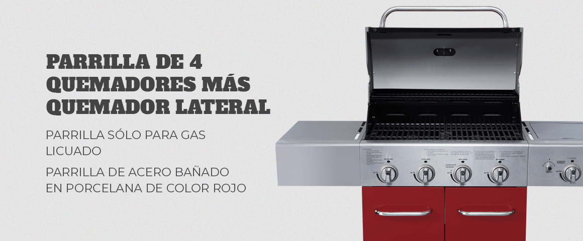 BBQ Grill TEXAS parrilla 4 quemadores + quemador lateral. Roja